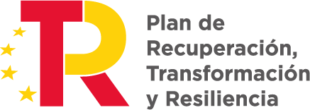 Logo del Plan de Recuperación, Transformación y Resiliencia de España, con elementos gráficos en rojo, amarillo y gris, acompañado de estrellas.